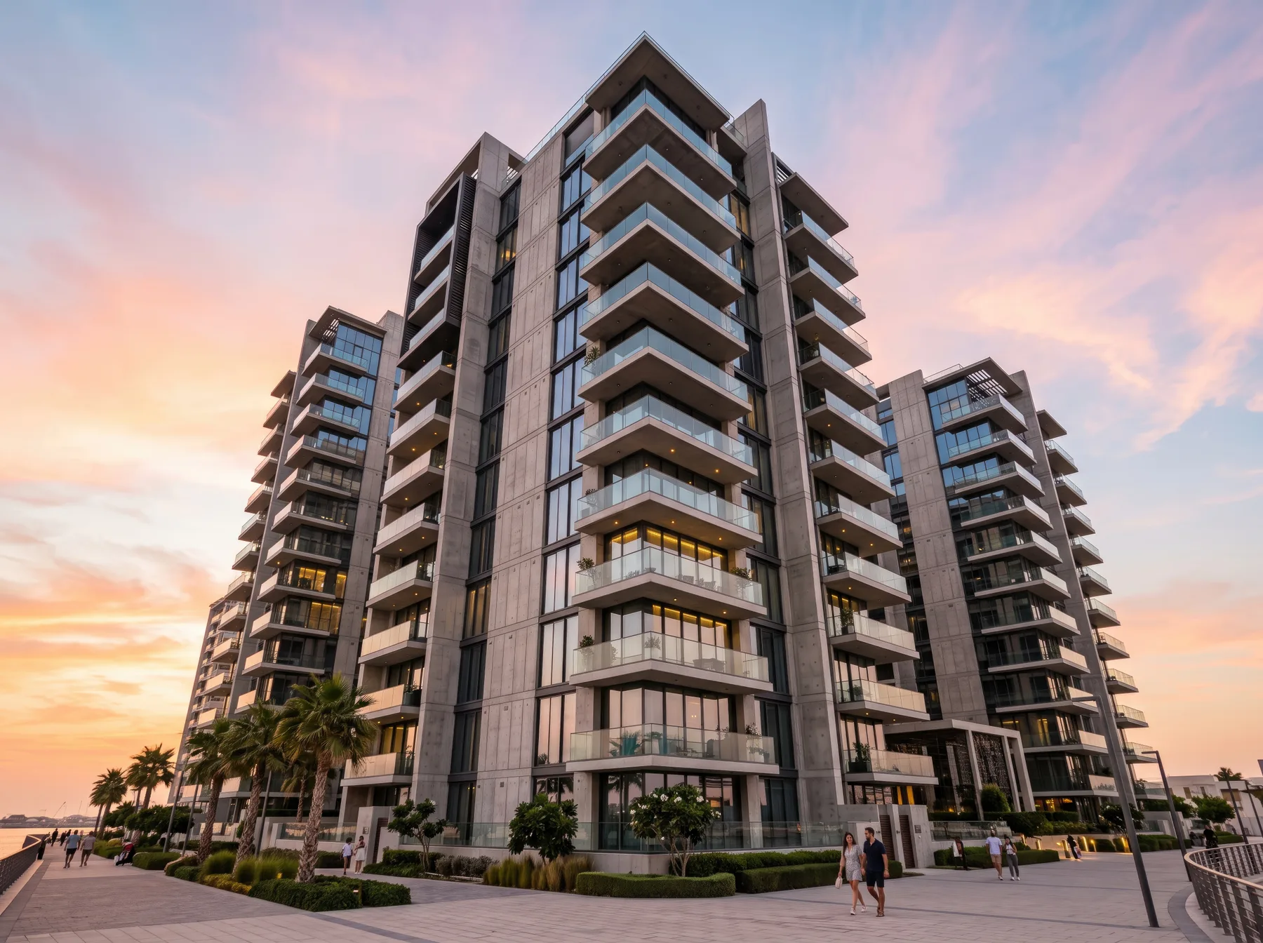 Edificio residencial junto al paseo marítimo al atardecer